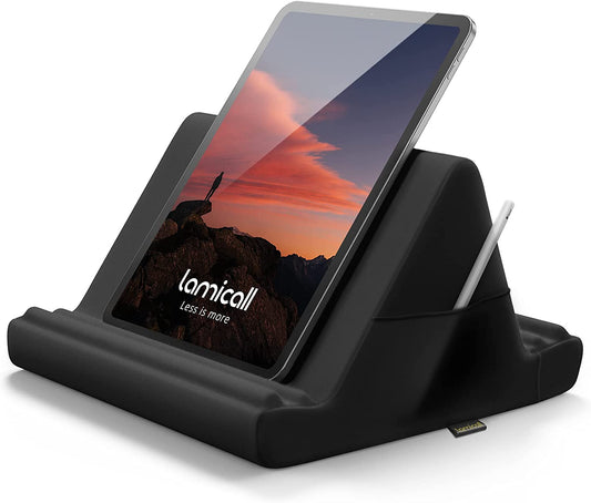 Tablet Pillow Holder Stand - Tablet Pillow Soft Pad Dock for Lap, Bed and Desk with Pocket & 4 Viewing Angles, for Ipad Pro 13, 11, 12.9, Air, Mini, Kindle, Iphone, 4-13" Devices, Black